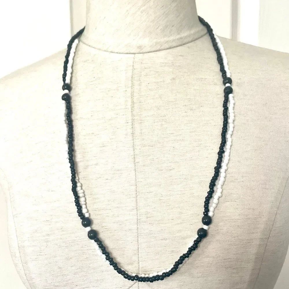 Black and white beaded double strand necklace